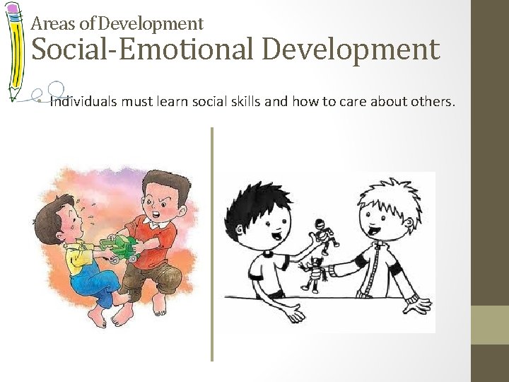 Areas of Development Social-Emotional Development • Individuals must learn social skills and how to