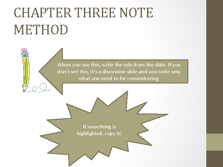 CHAPTER THREE NOTE METHOD When you see this, write the info from the slide.