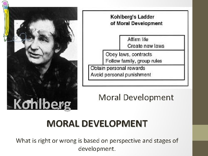 Kohlberg Moral Development MORAL DEVELOPMENT What is right or wrong is based on perspective