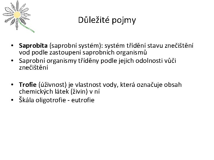 Důležité pojmy • Saprobita (saprobní systém): systém třídění stavu znečištění vod podle zastoupení saprobních