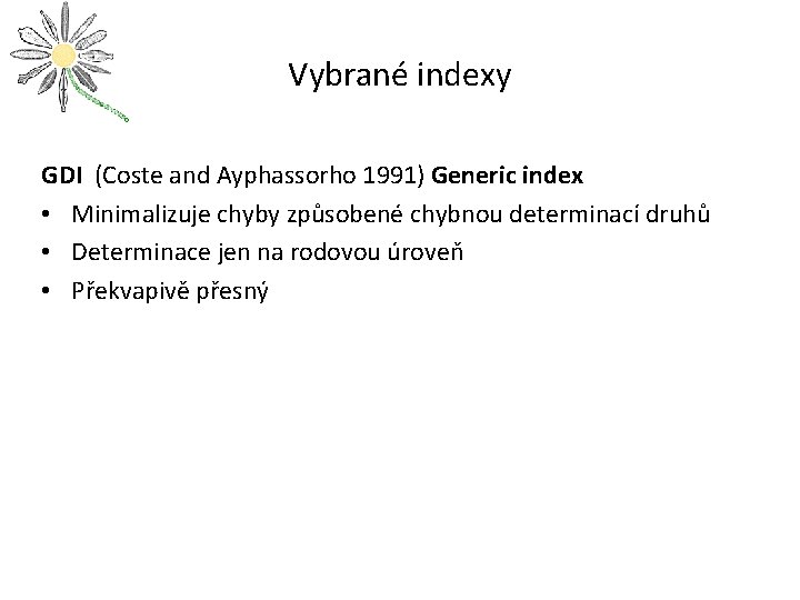 Vybrané indexy GDI (Coste and Ayphassorho 1991) Generic index • Minimalizuje chyby způsobené chybnou