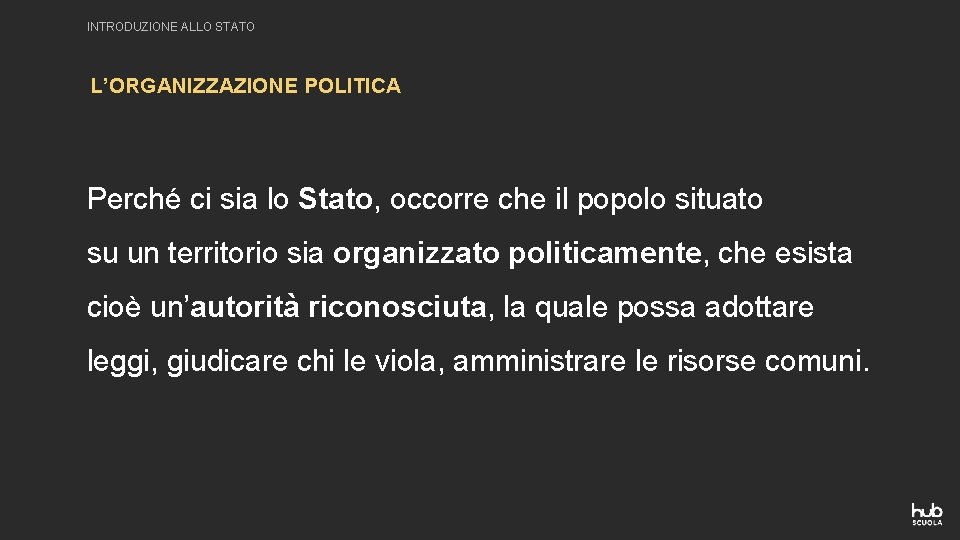 INTRODUZIONE ALLO STATO L’ORGANIZZAZIONE POLITICA Perché ci sia lo Stato, occorre che il popolo