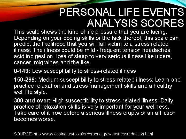 PERSONAL LIFE EVENTS ANALYSIS SCORES This scale shows the kind of life pressure that