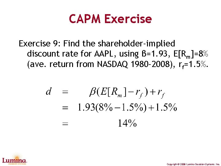 CAPM Exercise 9: Find the shareholder-implied discount rate for AAPL, using β=1. 93, E[Rm]=8%