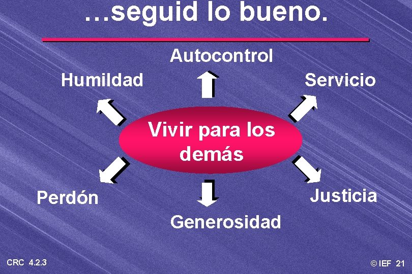 …seguid lo bueno. Autocontrol Humildad Servicio Vivir para los demás Justicia Perdón Generosidad CRC