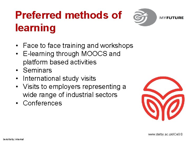 Preferred methods of learning • Face to face training and workshops • E-learning through