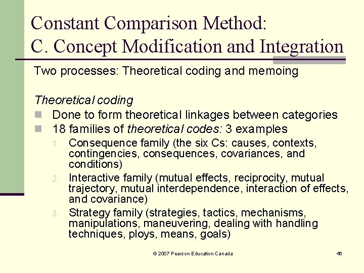 Constant Comparison Method: C. Concept Modification and Integration Two processes: Theoretical coding and memoing Constant Comparison Method: C. Concept Modification and Integration Two processes: Theoretical coding and memoing