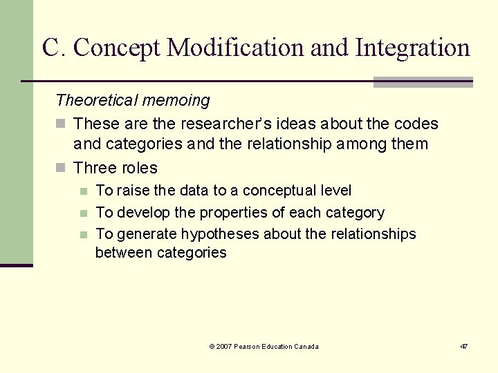 C. Concept Modification and Integration Theoretical memoing n These are the researcher’s ideas about C. Concept Modification and Integration Theoretical memoing n These are the researcher’s ideas about