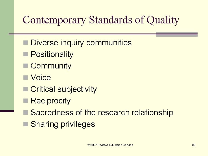 Contemporary Standards of Quality n Diverse inquiry communities n Positionality n Community n Voice Contemporary Standards of Quality n Diverse inquiry communities n Positionality n Community n Voice