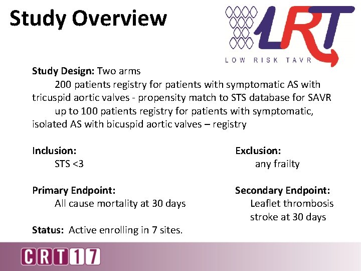 Study Overview Study Design: Two arms 200 patients registry for patients with symptomatic AS