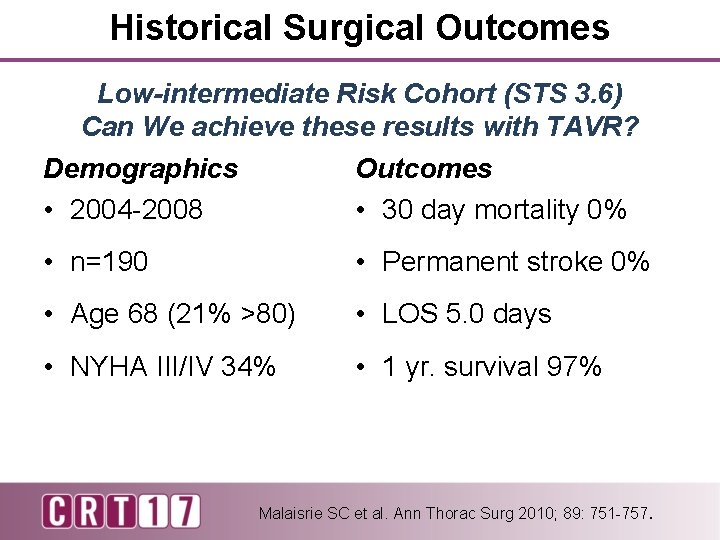 Historical Surgical Outcomes Low-intermediate Risk Cohort (STS 3. 6) Can We achieve these results