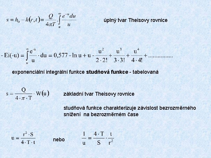  úplný tvar Theisovy rovnice exponenciální integrální funkce studňová funkce - tabelovaná základní tvar