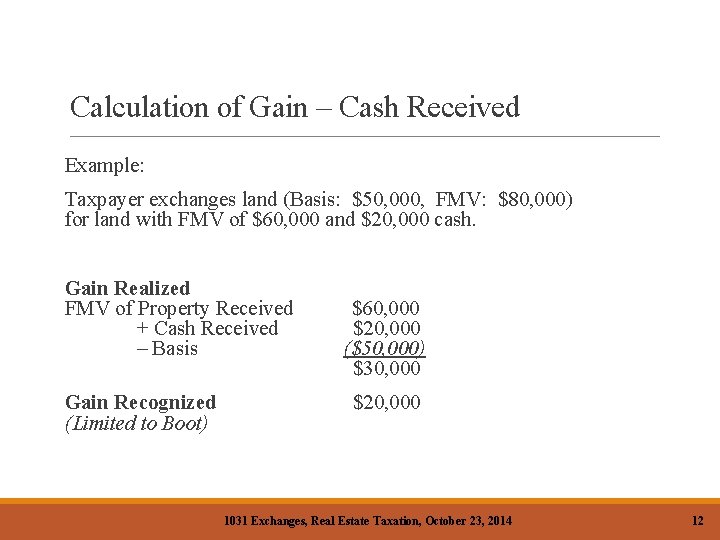 Calculation of Gain – Cash Received Example: Taxpayer exchanges land (Basis: $50, 000, FMV: