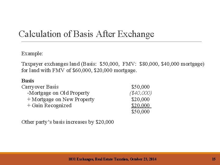 Calculation of Basis After Exchange Example: Taxpayer exchanges land (Basis: $50, 000, FMV: $80,