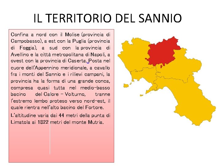 IL TERRITORIO DEL SANNIO Confina a nord con il Molise (provincia di Campobasso), a