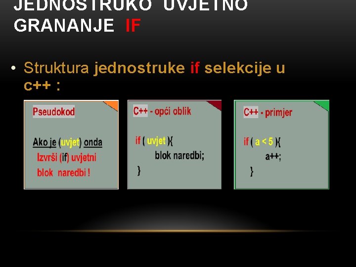 JEDNOSTRUKO UVJETNO GRANANJE IF • Struktura jednostruke if selekcije u c++ : 