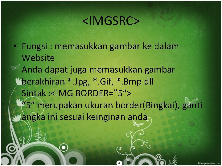 <IMGSRC> • Fungsi : memasukkan gambar ke dalam Website Anda dapat juga memasukkan gambar