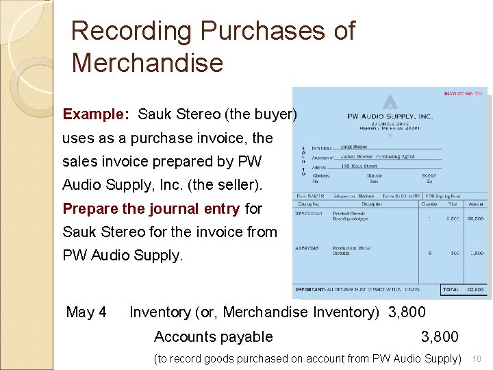 Recording Purchases of Merchandise Example: Sauk Stereo (the buyer) uses as a purchase invoice,