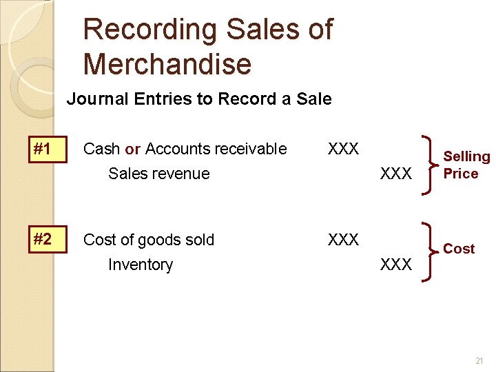 Recording Sales of Merchandise Journal Entries to Record a Sale #1 Cash or Accounts