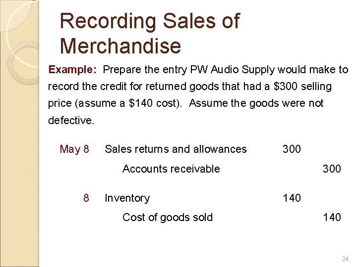 Recording Sales of Merchandise Example: Prepare the entry PW Audio Supply would make to