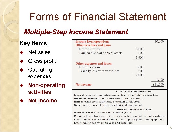Forms of Financial Statement Multiple-Step Income Statement Key Items: u Net sales u Gross