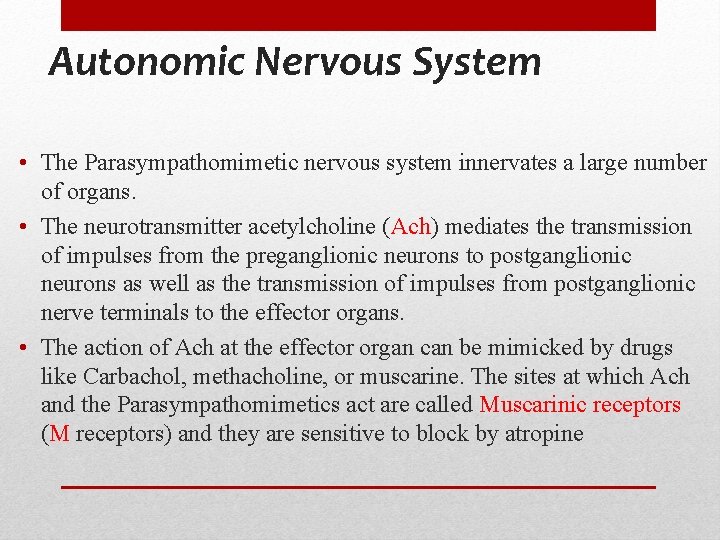 Autonomic Nervous System • The Parasympathomimetic nervous system innervates a large number of organs.