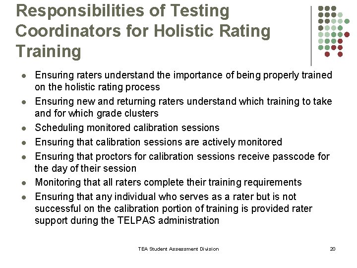 Responsibilities of Testing Coordinators for Holistic Rating Training l l l l Ensuring raters