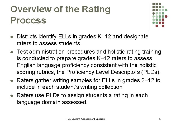Overview of the Rating Process l l Districts identify ELLs in grades K– 12