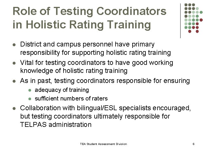 Role of Testing Coordinators in Holistic Rating Training l l l District and campus