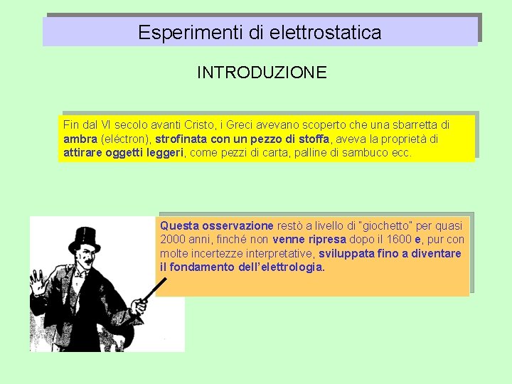 Esperimenti di elettrostatica INTRODUZIONE Fin dal VI secolo avanti Cristo, i Greci avevano scoperto