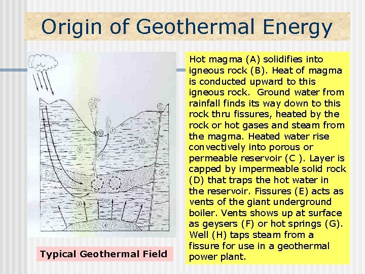 Origin of Geothermal Energy Typical Geothermal Field Hot magma (A) solidifies into igneous rock