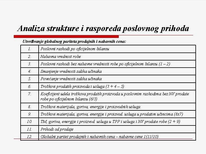 Analiza strukture i rasporeda poslovnog prihoda Utvrđivanje globalnog pariteta prodajnih i nabavnih cena: 1.