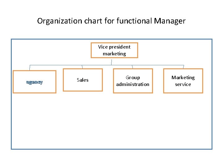 Organization chart for functional Manager Vice president marketing agency Sales Group administration Marketing service