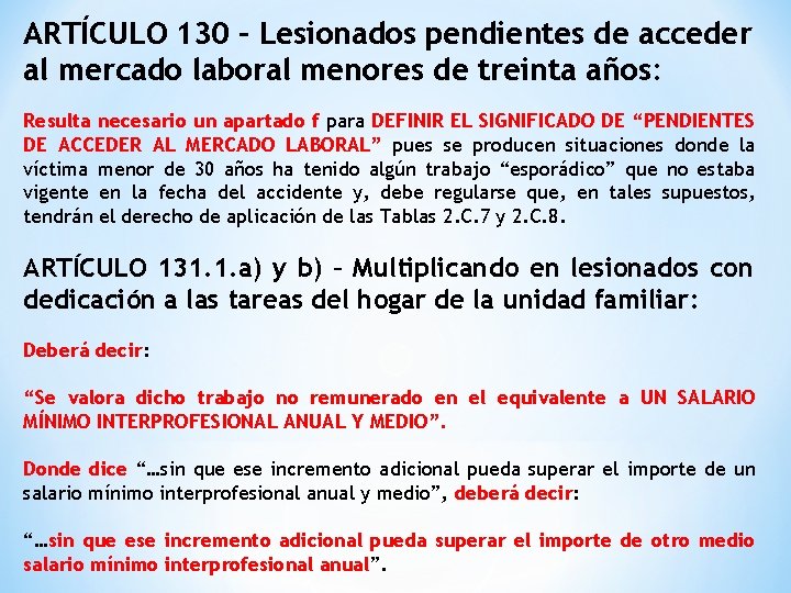 ARTÍCULO 130 – Lesionados pendientes de acceder al mercado laboral menores de treinta años: