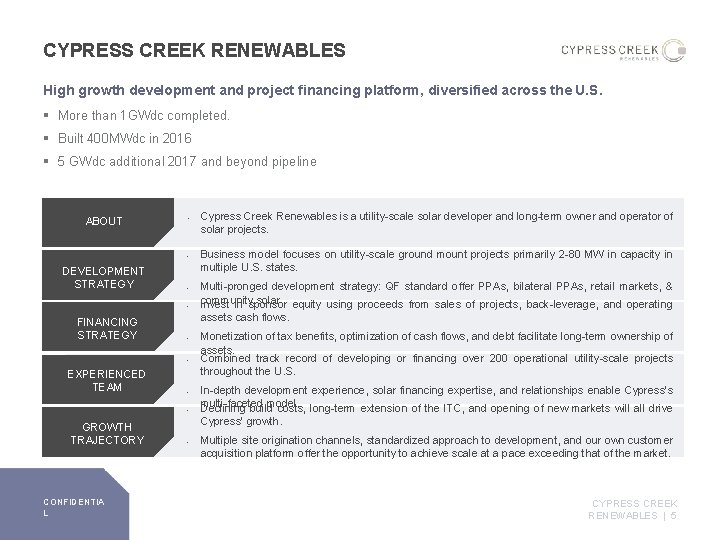 CYPRESS CREEK RENEWABLES High growth development and project financing platform, diversified across the U.