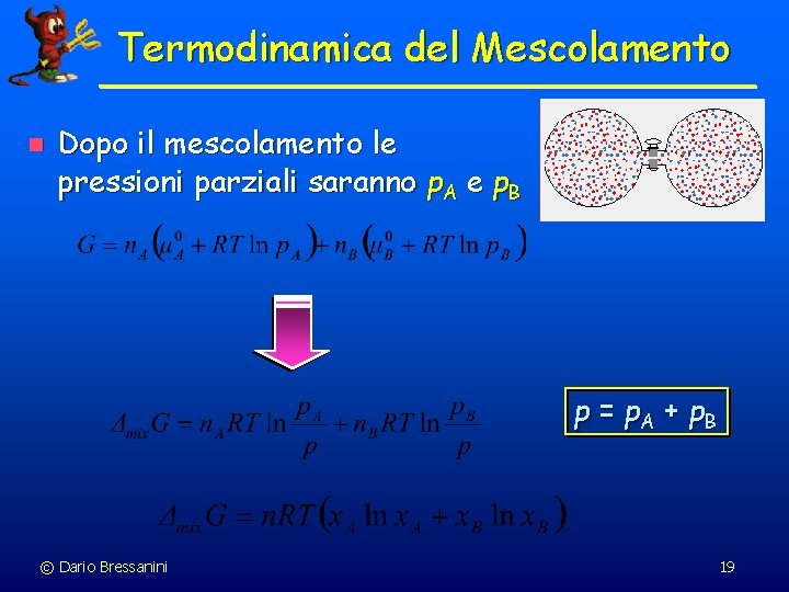 Termodinamica del Mescolamento n Dopo il mescolamento le pressioni parziali saranno p. A e Termodinamica del Mescolamento n Dopo il mescolamento le pressioni parziali saranno p. A e