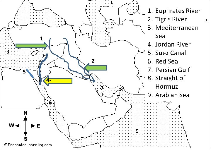 1. Euphrates River 2. Tigris River 3. Mediterranean Sea 4. Jordan River 5. Suez