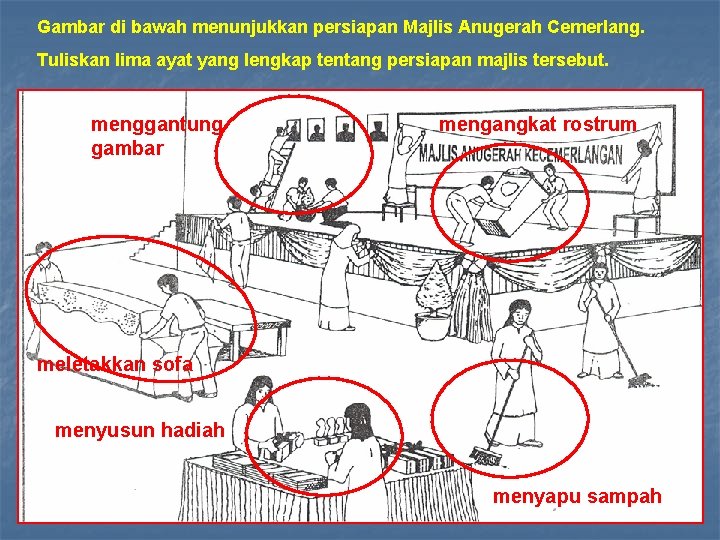 Gambar di bawah menunjukkan persiapan Majlis Anugerah Cemerlang. Tuliskan lima ayat yang lengkap tentang