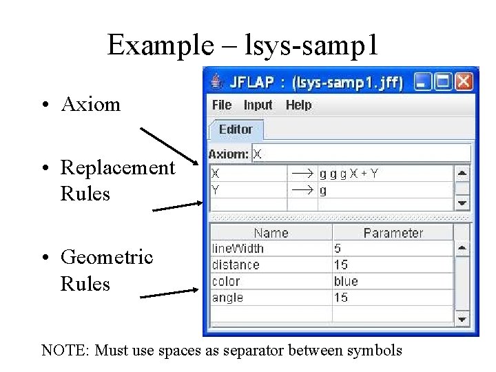 Example – lsys-samp 1 • Axiom • Replacement Rules • Geometric Rules NOTE: Must