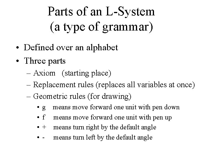 Parts of an L-System (a type of grammar) • Defined over an alphabet •