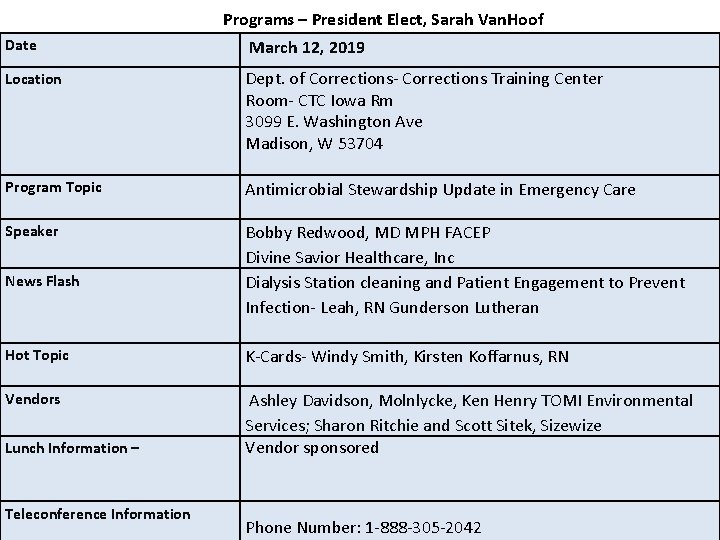 Programs – President Elect, Sarah Van. Hoof Date March 12, 2019 Location Dept. of