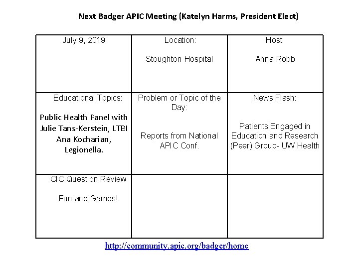 Next Badger APIC Meeting (Katelyn Harms, President Elect) July 9, 2019 Educational Topics: Public