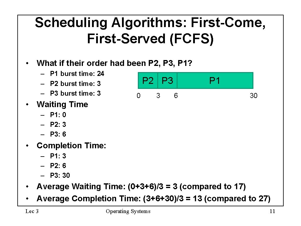 Scheduling Algorithms: First-Come, First-Served (FCFS) • What if their order had been P 2, Scheduling Algorithms: First-Come, First-Served (FCFS) • What if their order had been P 2,