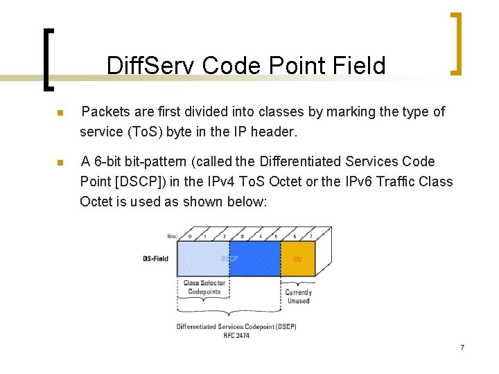 Diff. Serv Code Point Field n Packets are first divided into classes by marking