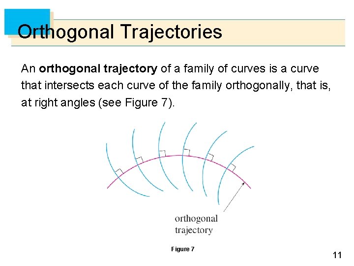 Orthogonal Trajectories An orthogonal trajectory of a family of curves is a curve that