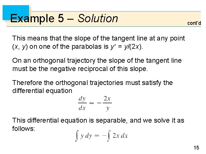 Example 5 – Solution cont’d This means that the slope of the tangent line