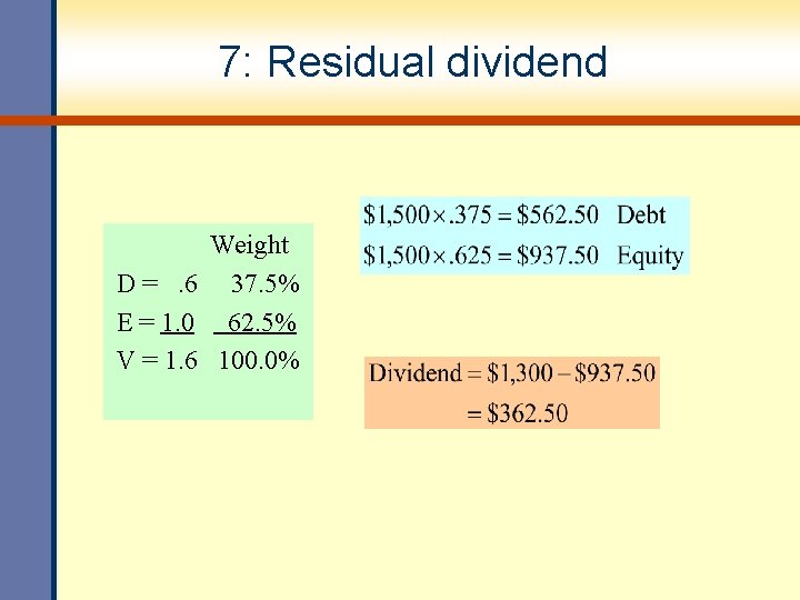 7: Residual dividend Weight D =. 6 37. 5% E = 1. 0 62.