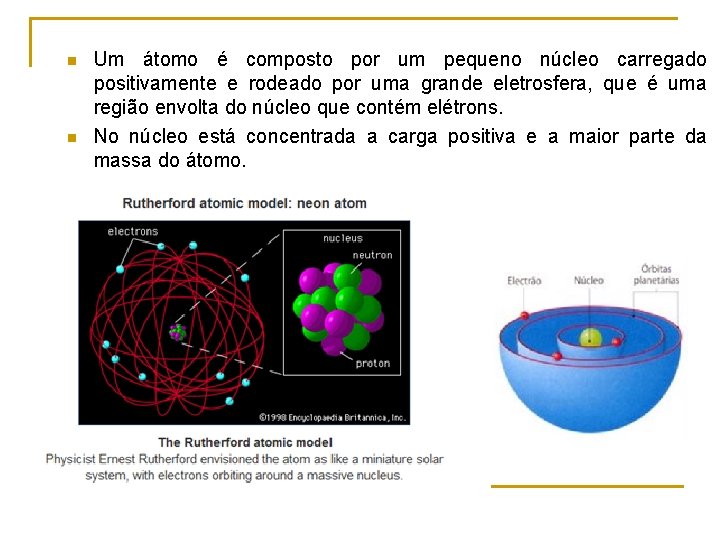 n n Um átomo é composto por um pequeno núcleo carregado positivamente e rodeado