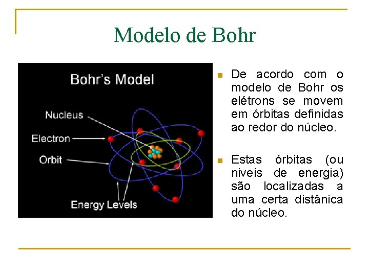 Modelo de Bohr n De acordo com o modelo de Bohr os elétrons se