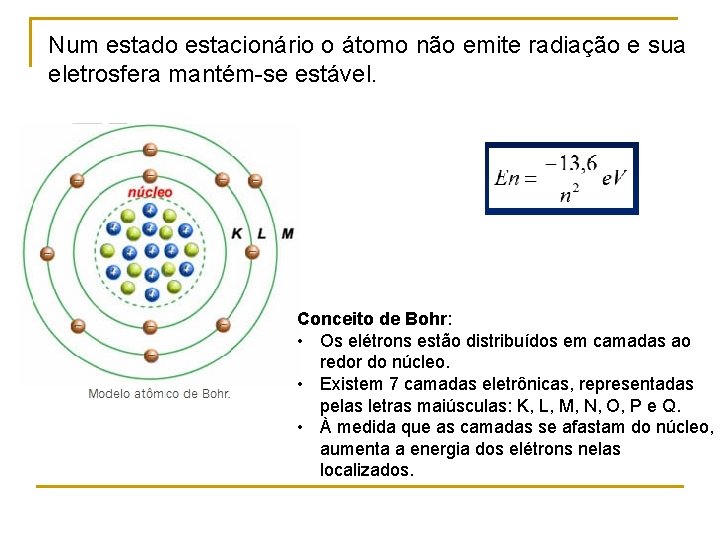 Num estado estacionário o átomo não emite radiação e sua eletrosfera mantém-se estável. Conceito